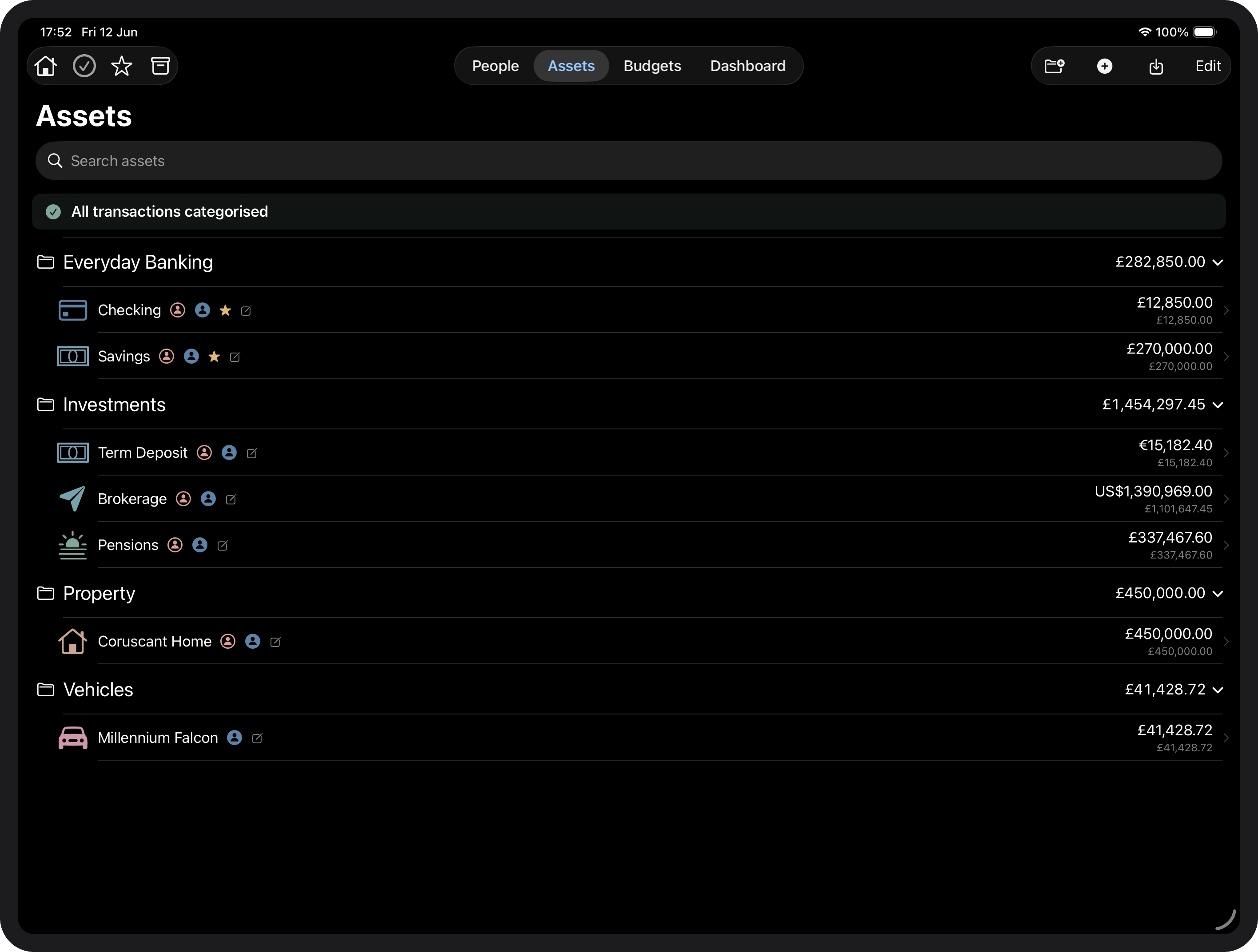 Assets screen