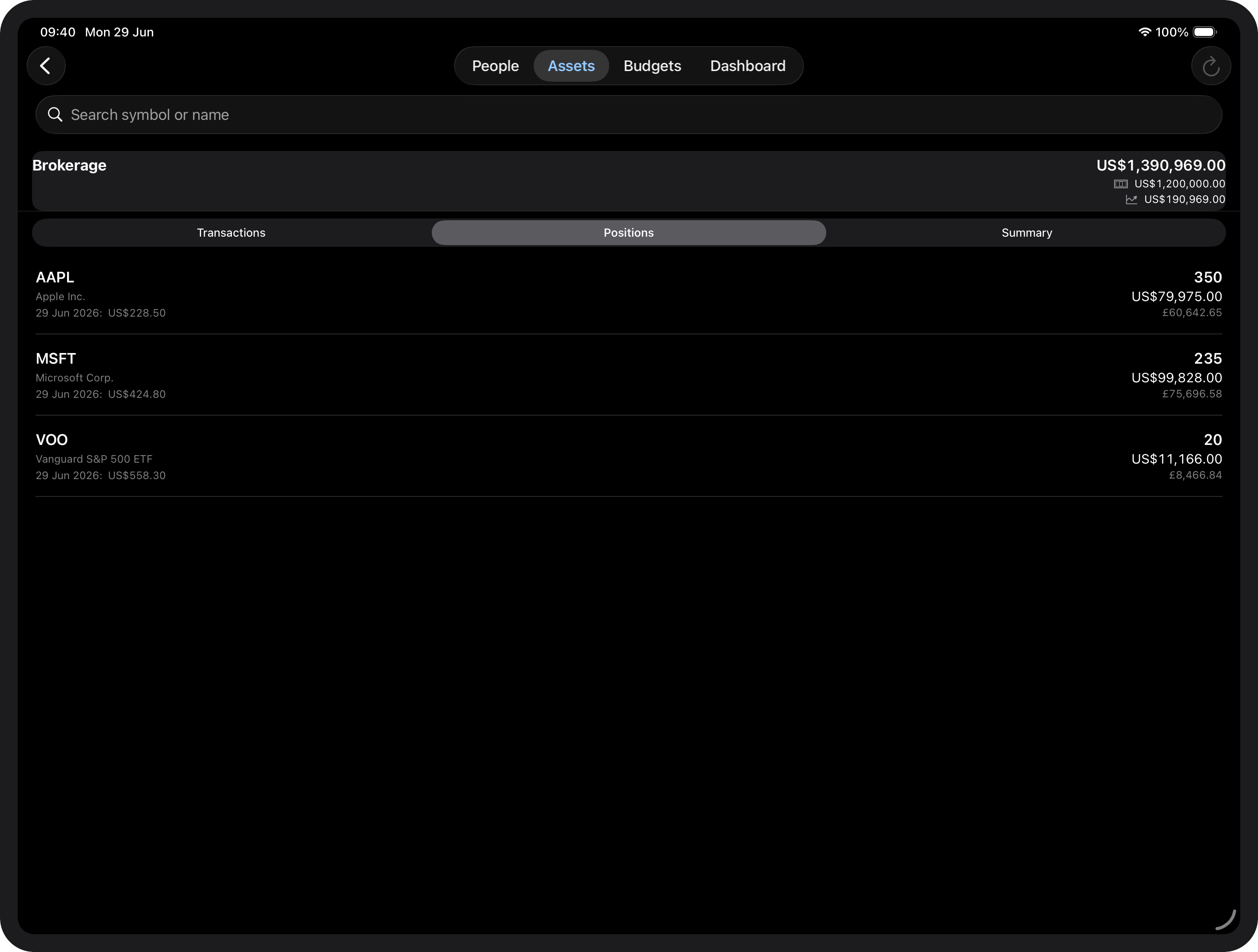 Positions tab