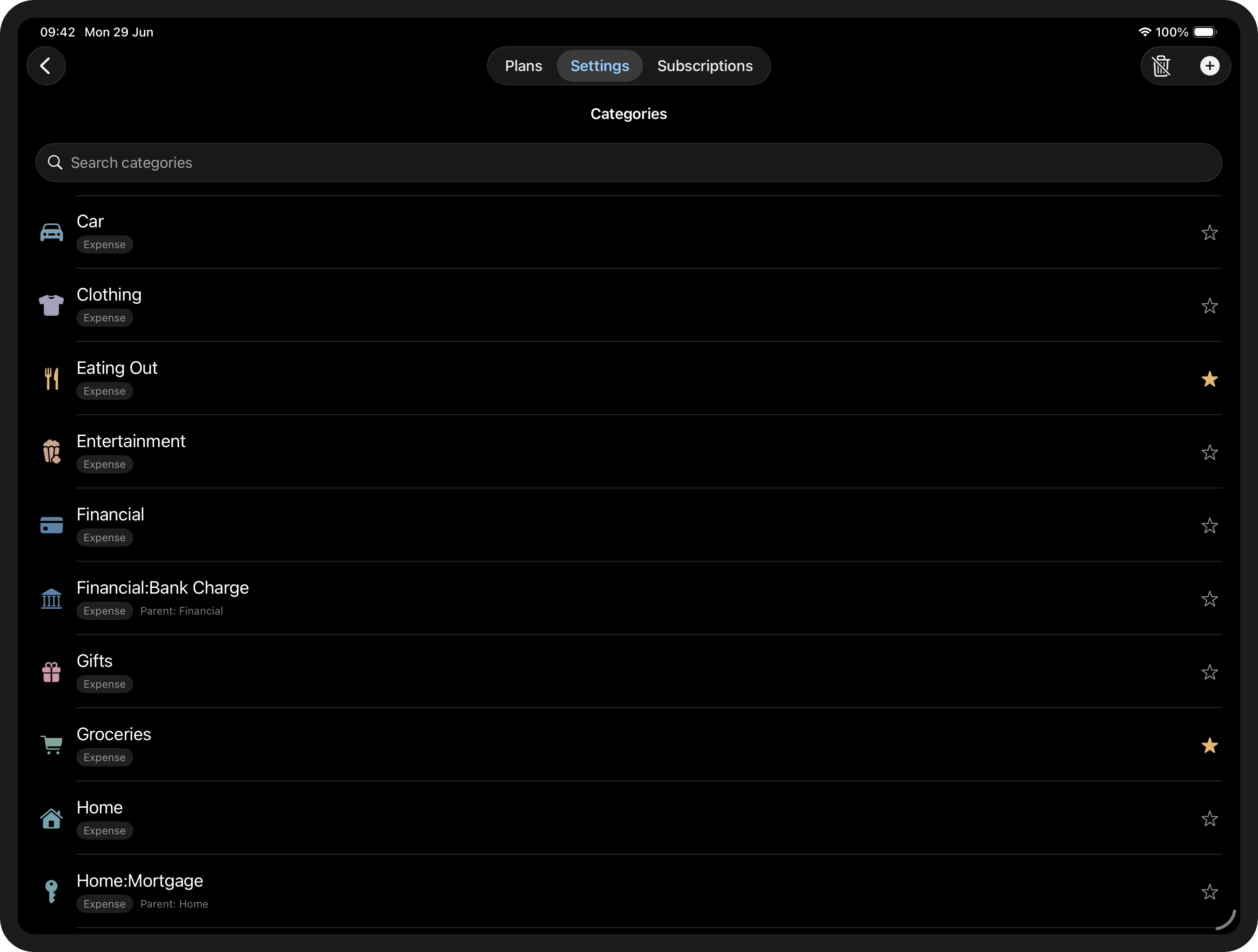 Categories list