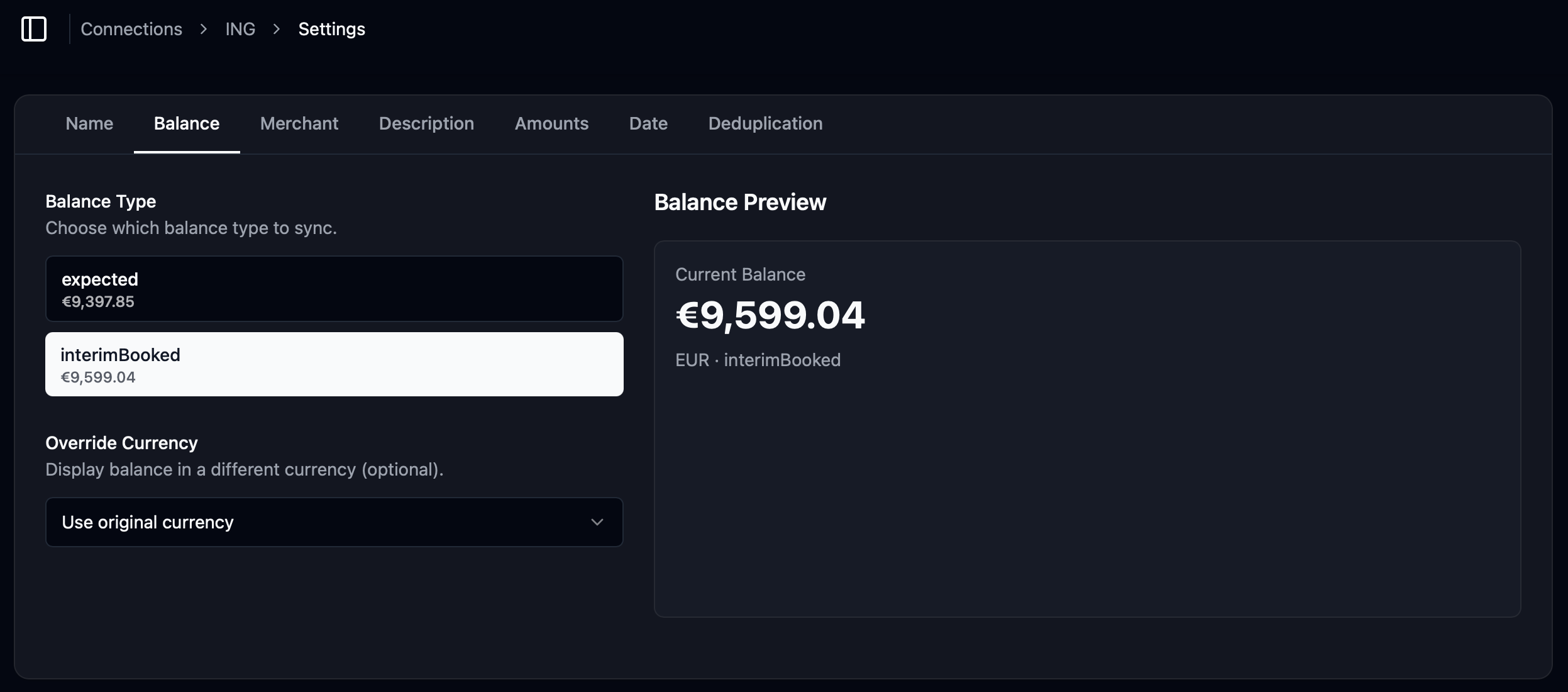 Lunch Flow connection settings showing the balance field set to Interim Booked