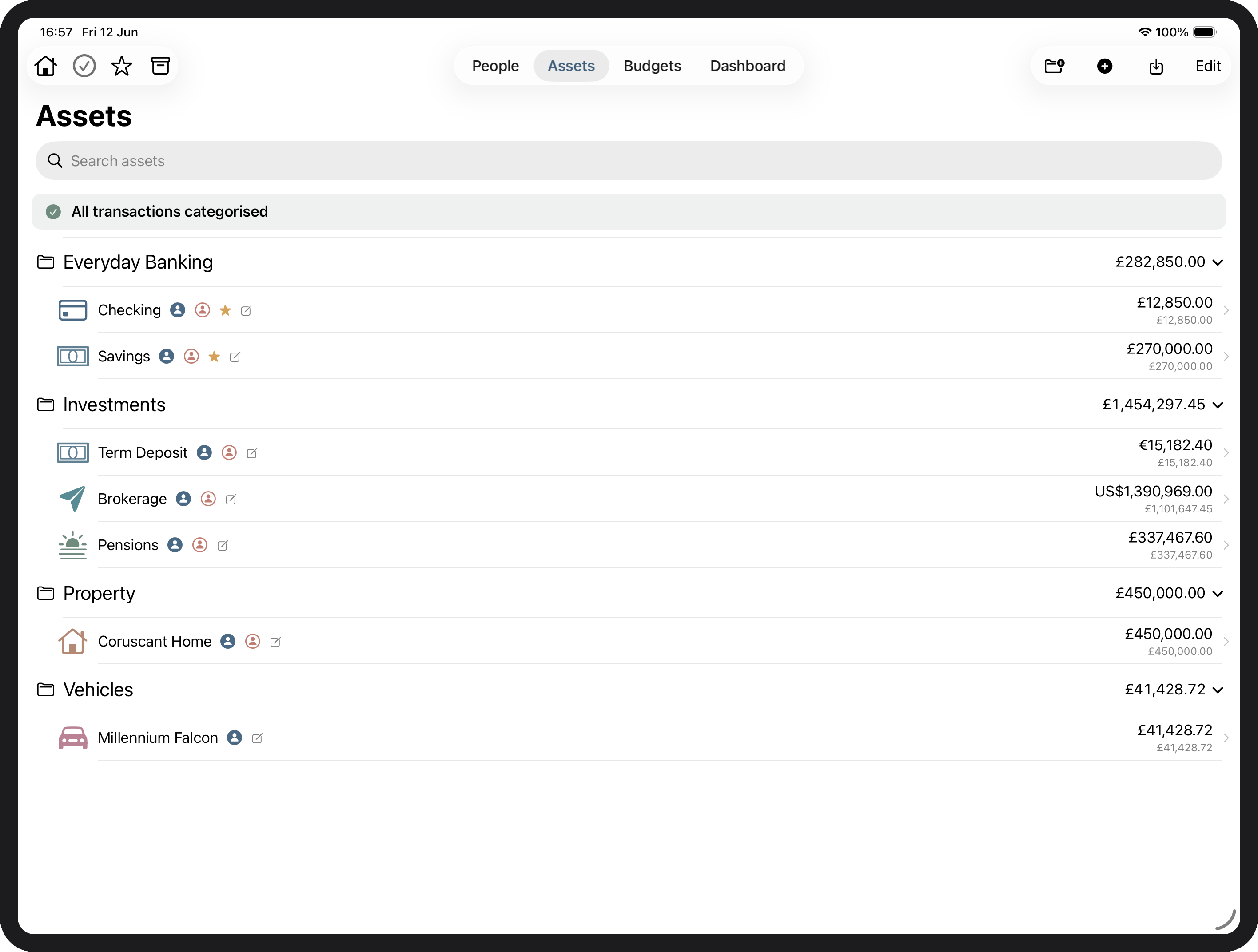 Assets screen