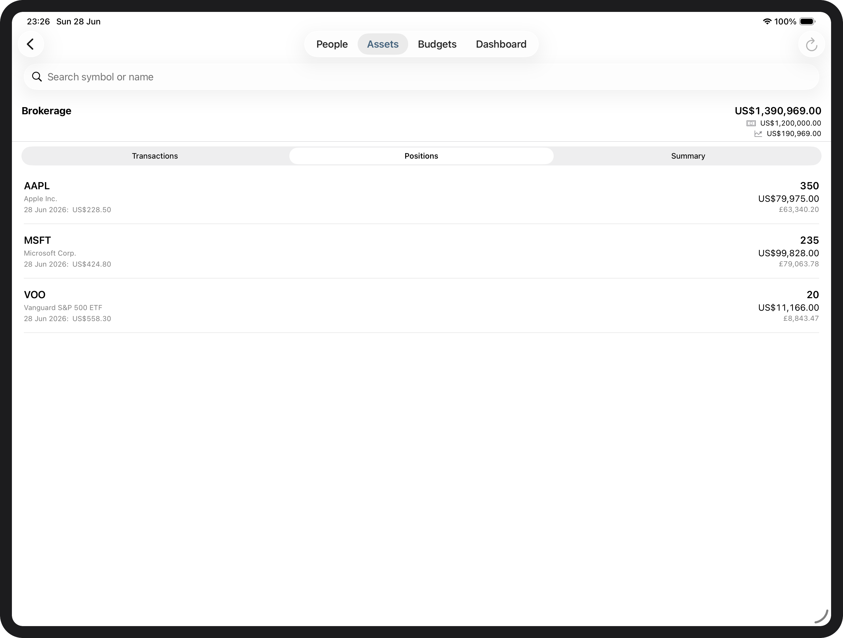 Positions tab